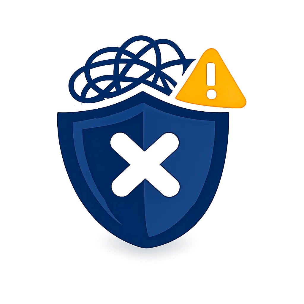 Domain simplicity icon with shield, warning symbol, and tangled network in navy and orange