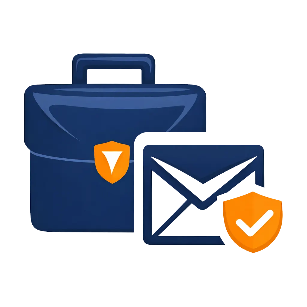 Professional business email and communication icon with briefcase, envelope, and security shield in navy and orange