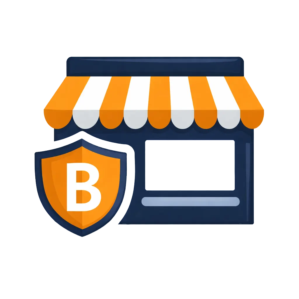Business storefront icon with shield representing brand building and online presence in navy and orange
