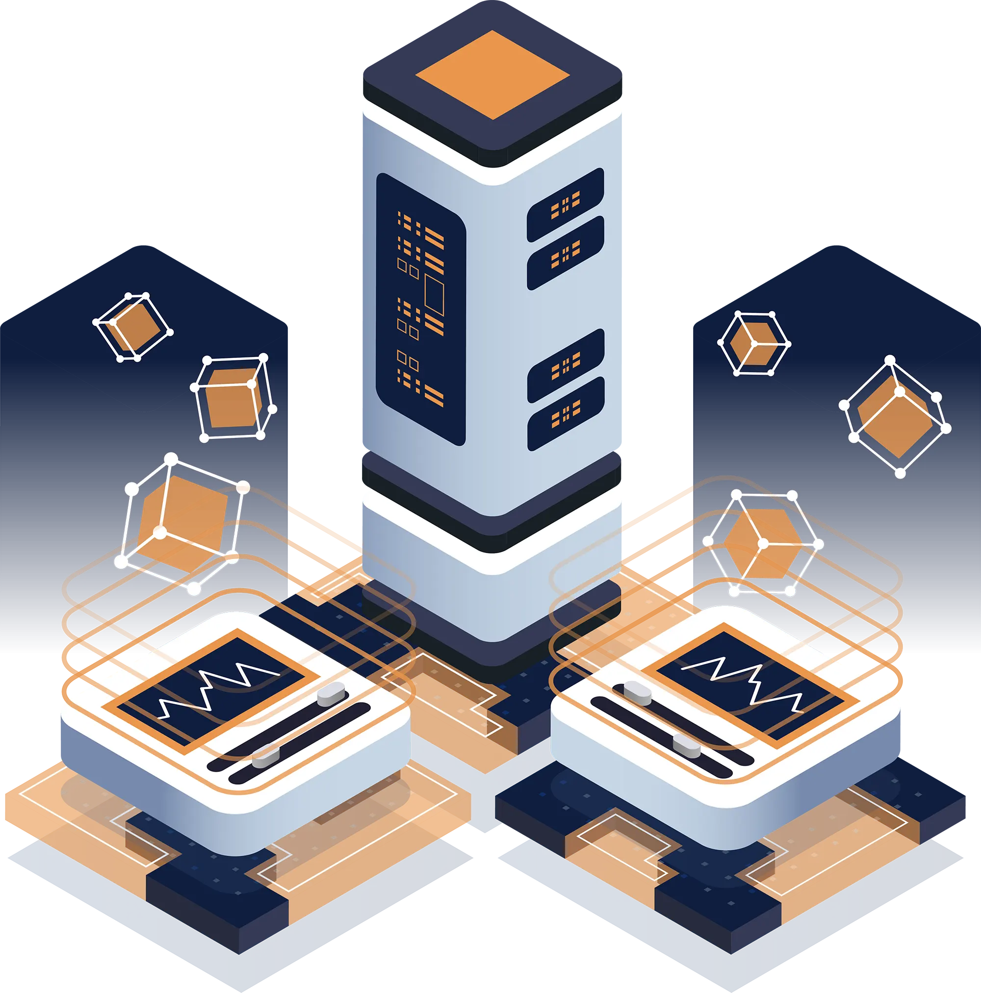 Isometric dedicated server with real-time monitoring dashboards and connected data nodes in navy and orange