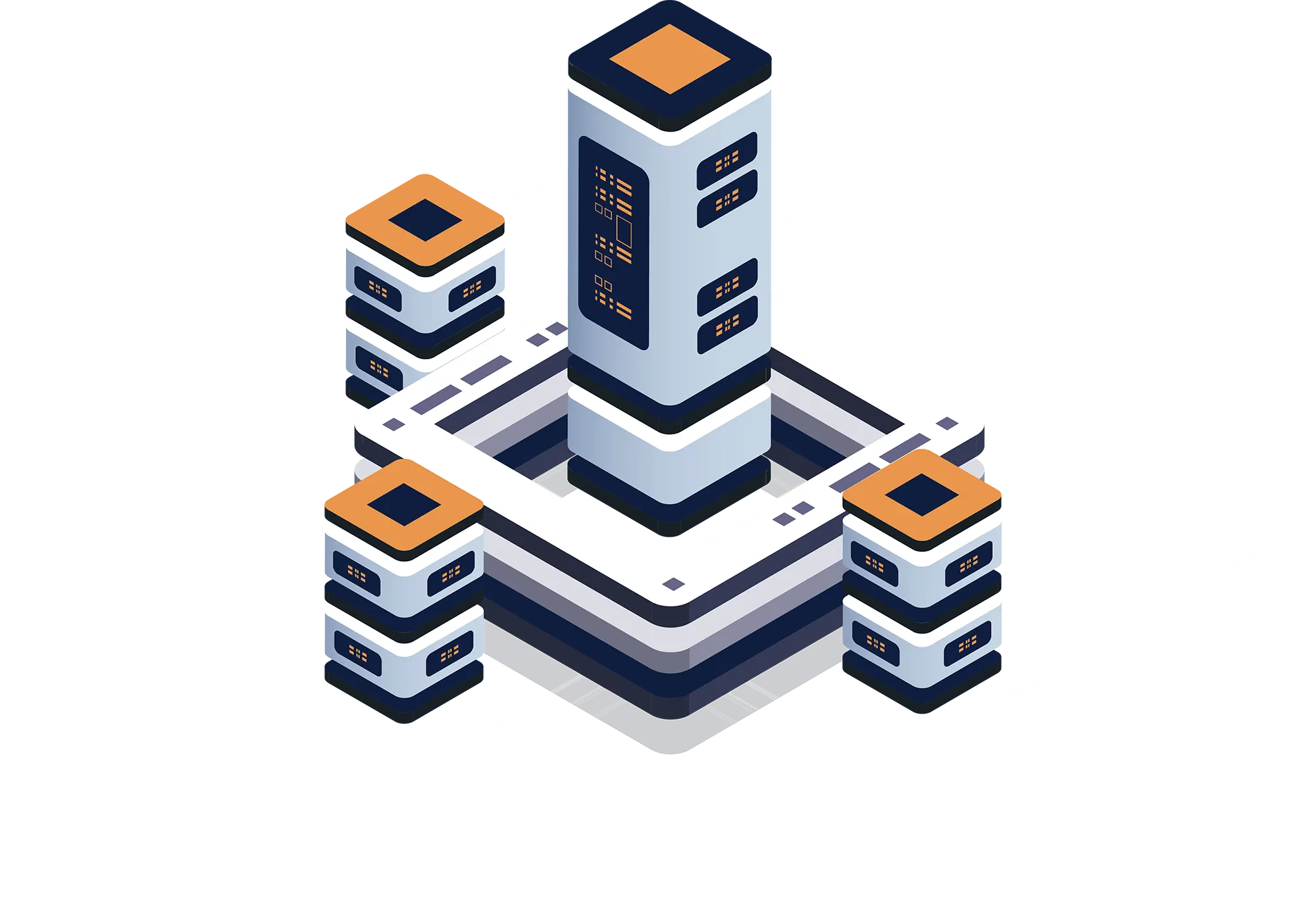 Isometric dedicated server hosting with central high-performance server and isolated nodes in navy and orange