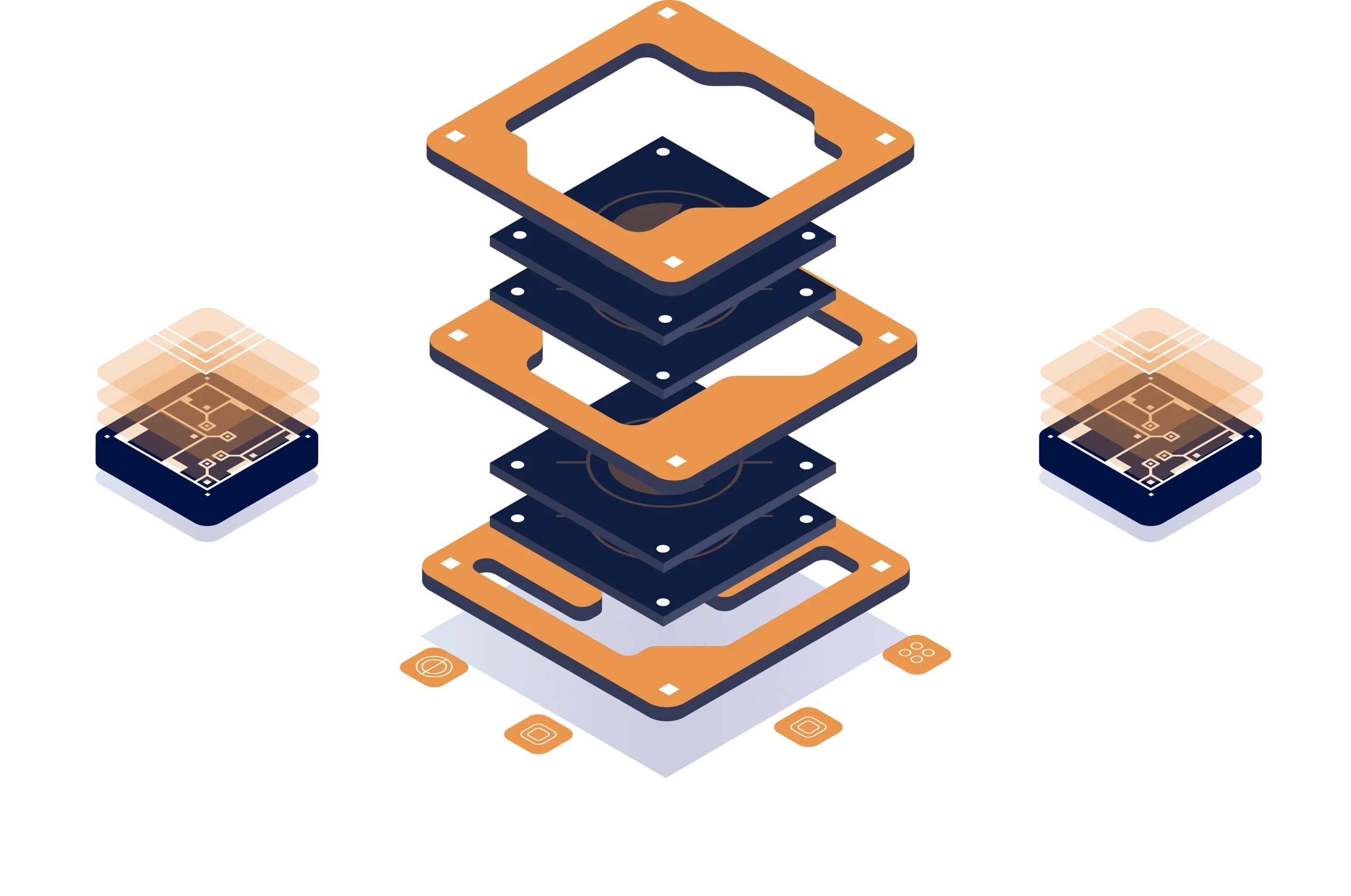 Isometric VPS hosting architecture with layered virtual servers and connected network nodes in navy and orange