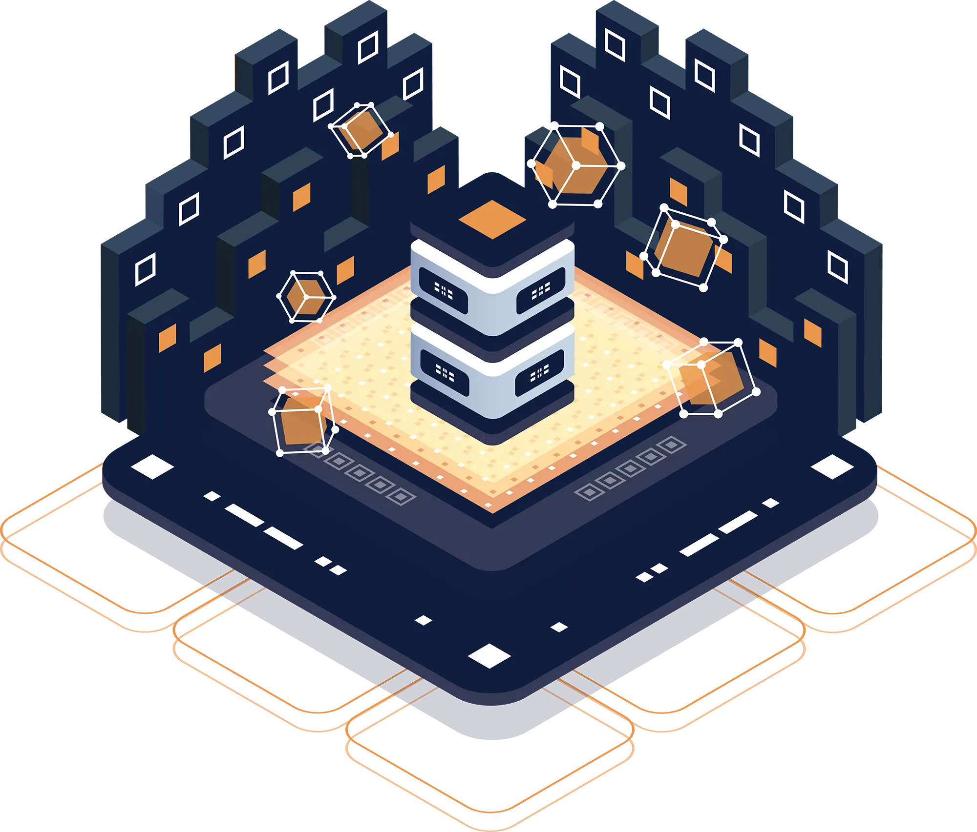 Isometric domain and DNS server hub with central node surrounded by connected infrastructure layers
