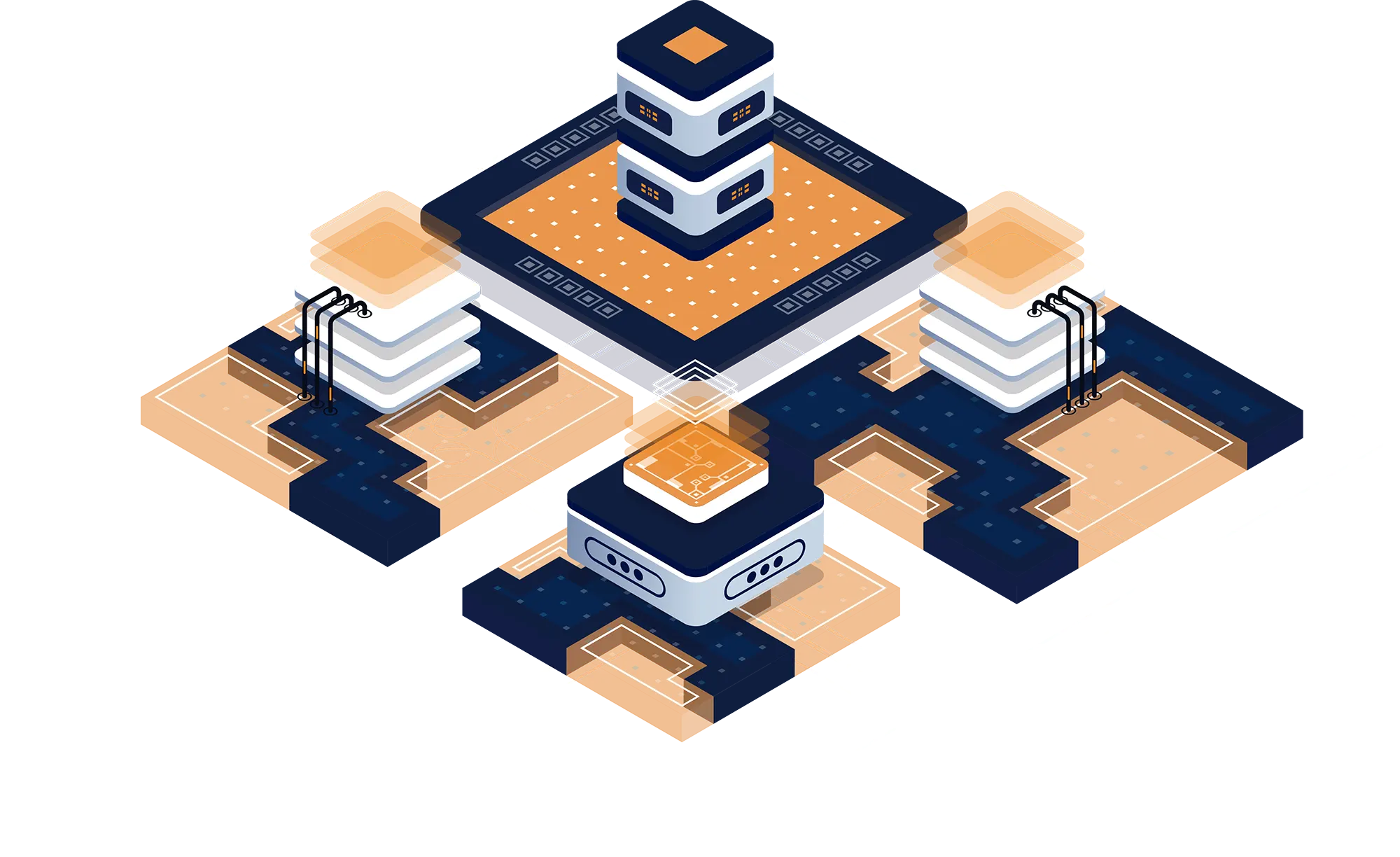 Isometric server infrastructure illustration with connected data centers and central processing node in navy and orange