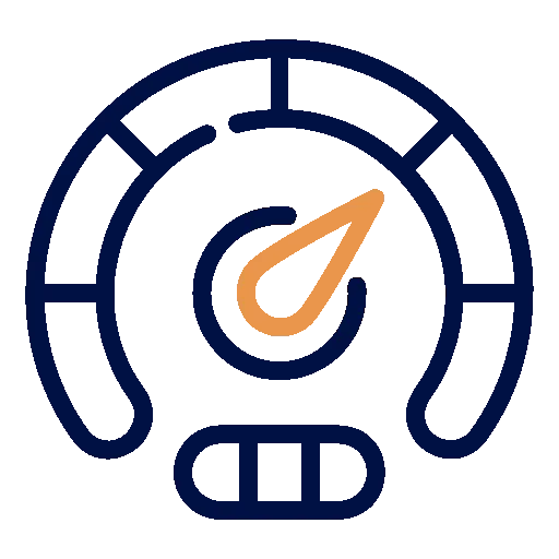 Performance monitoring icon with gauge-style design in navy and orange