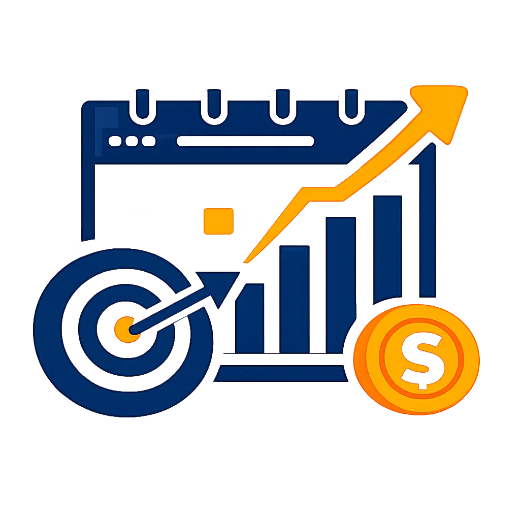 Business growth and planning icon with chart, target, and upward arrow in navy and orange