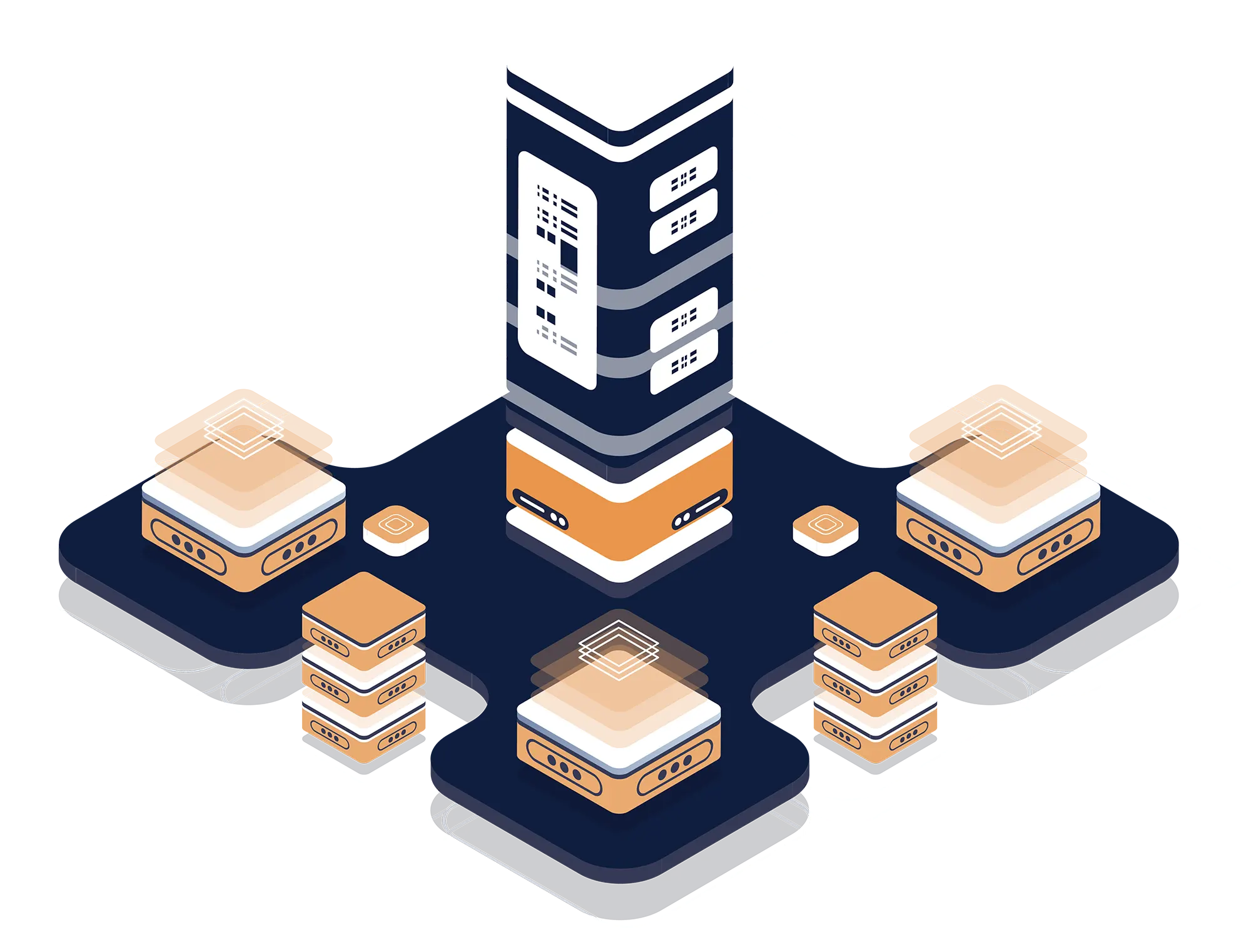 Distributed hosting environment illustration showing connected servers and balanced infrastructure