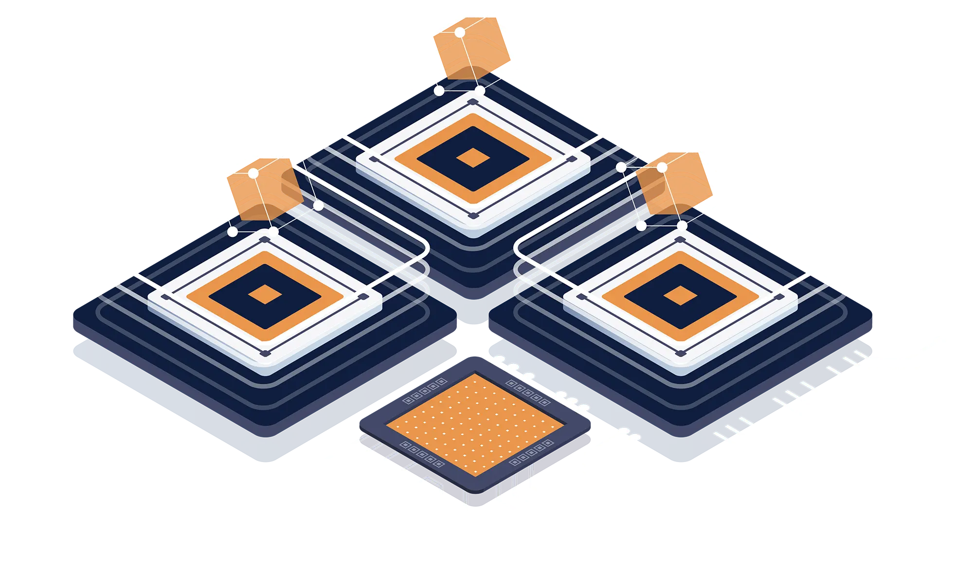Connected processing network illustration showing linked server systems and distributed computing