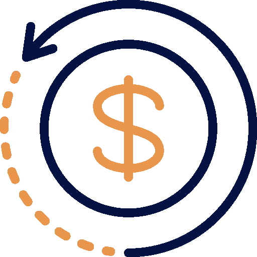 Money back guarantee icon with dollar symbol and circular arrow representing refund policy